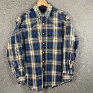 Wrangler‎ Shirt Mens L Blue Long Sleeve Plaid Pearl Snap Western Cowboy Cotton
